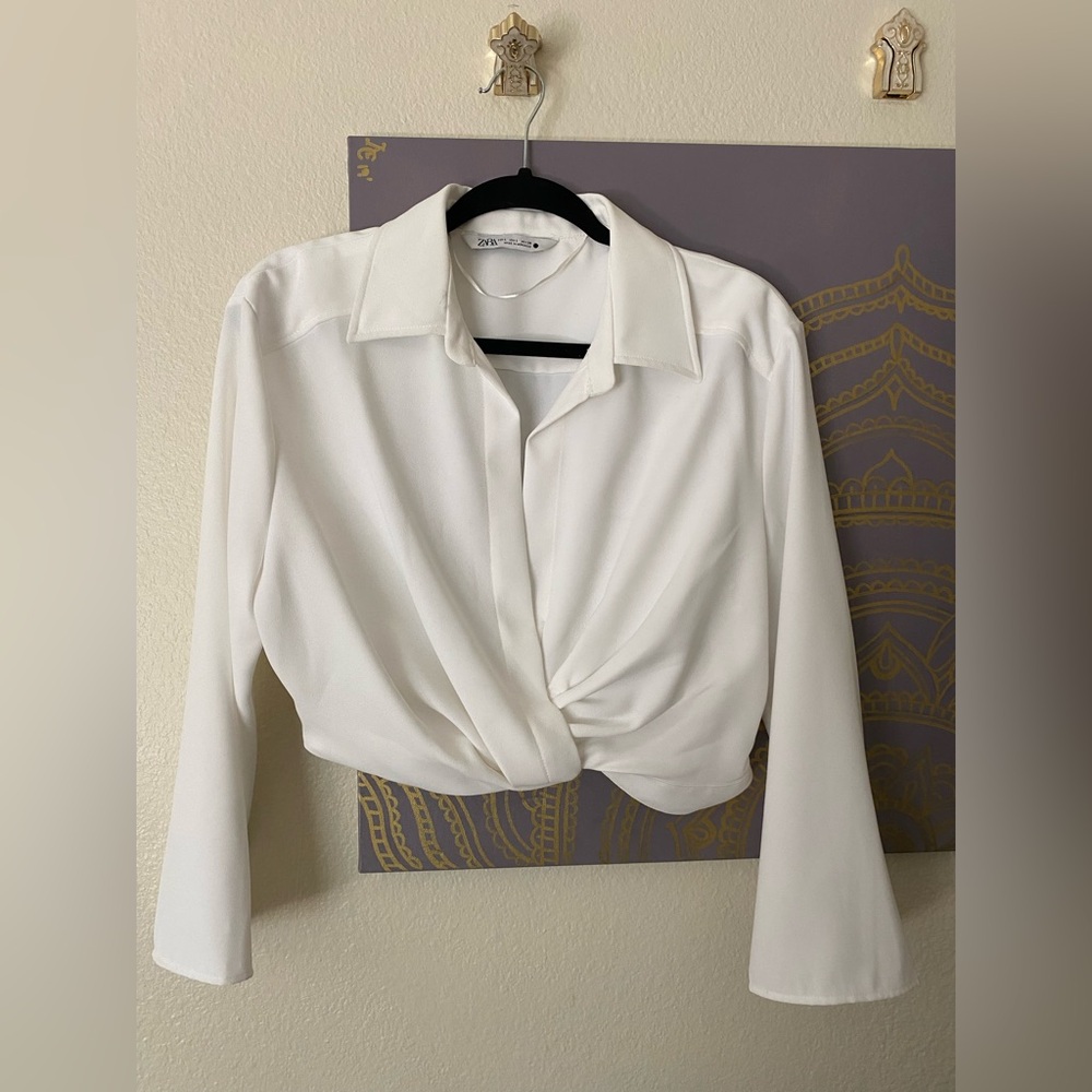 ZARA Crop Twist Front Collared Blouse
